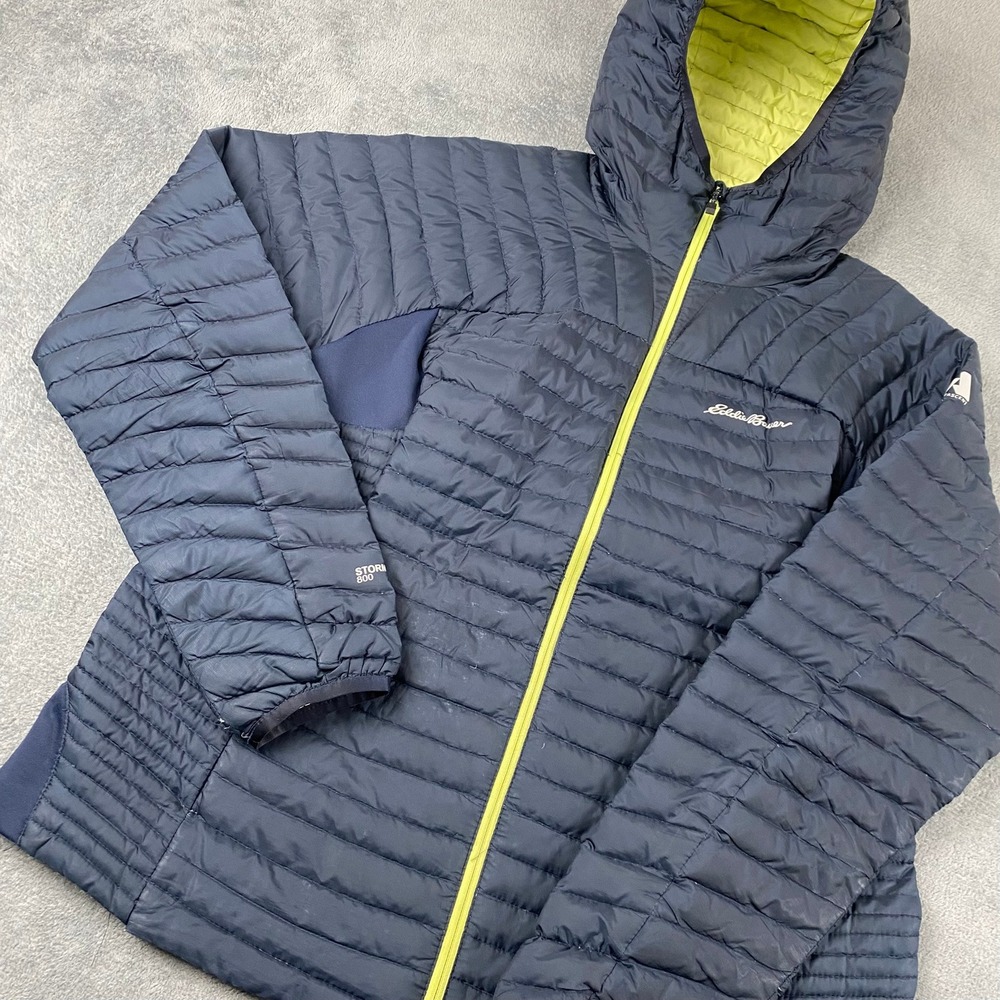 Eddie Bauer Womens XL StormDown 800 Puffer Jacket Navy Blue Lime Green Hooded